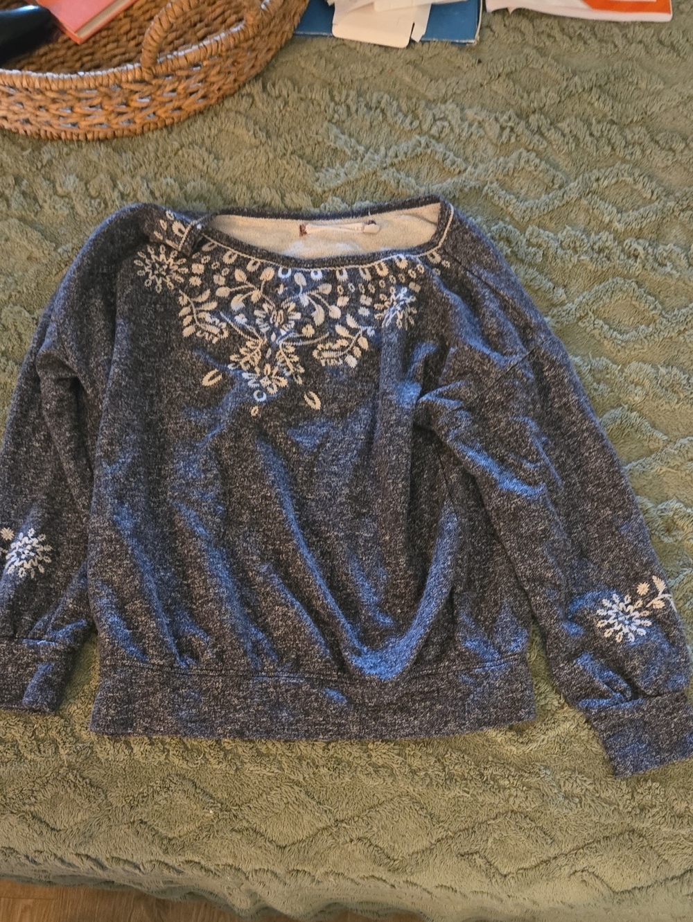 Chelsea & Violet Navy Scoop Neck Sweater with White Floral Embroidery